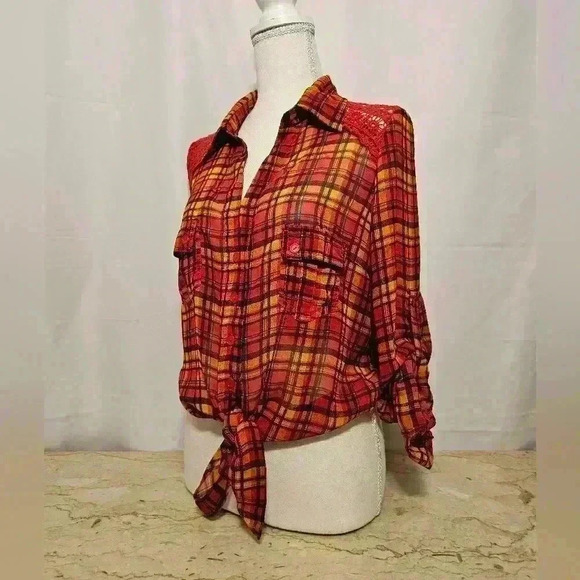 Excuse Me Miss Juniors Orange/Gold/Maroon/Black Plaid Polyester Blouse Large - Picture 2 of 9
